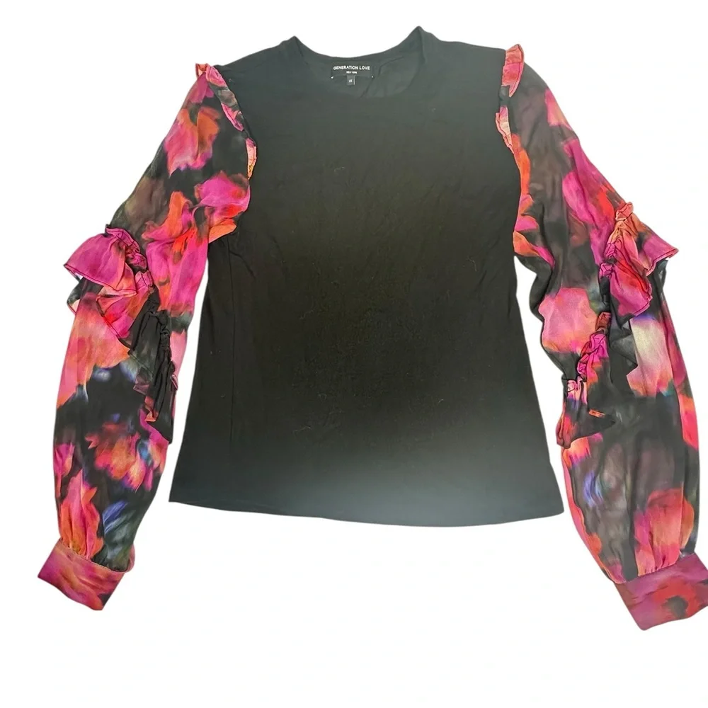 Like New Generation Love Joni Floral Sleeve Silk Top xs - Picture 6 of 13